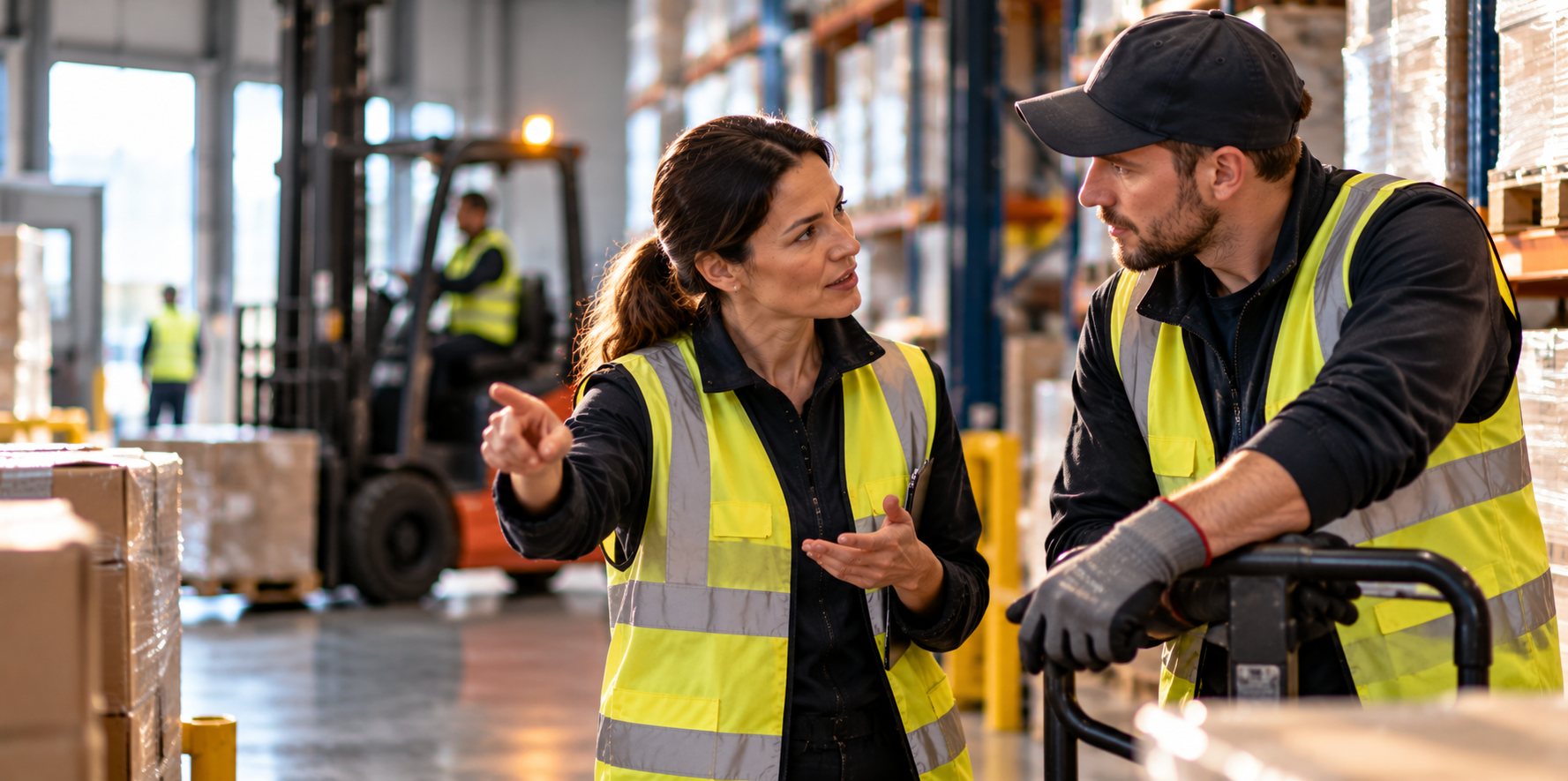 KI-generiertes illustratives Motiv, kein reales Team: fachlicher Austausch zwischen zwei Personen im Logistikbereich