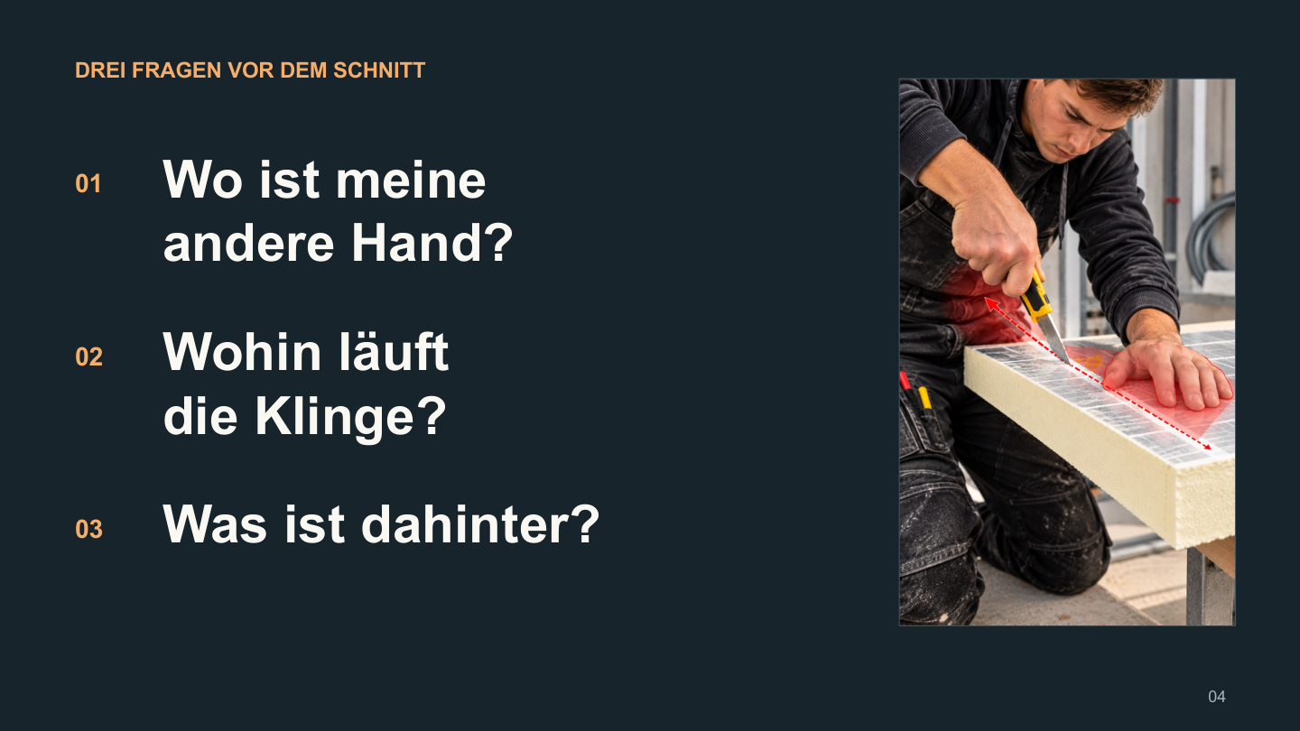 Originalfolie der Messerschulung mit drei Fragen vor dem Schnitt